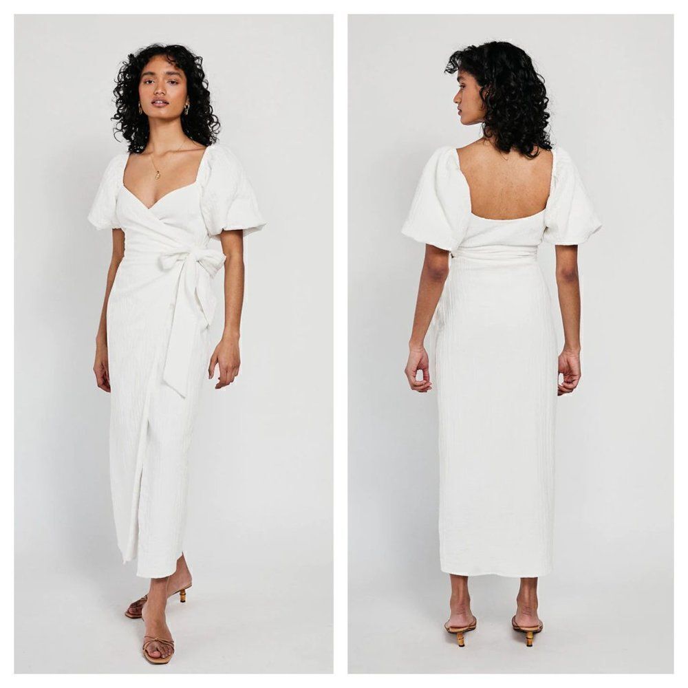 Sabo Cora Textured Cotton Puff Sleeve Midi Wrap Dress in White Size XS NEW